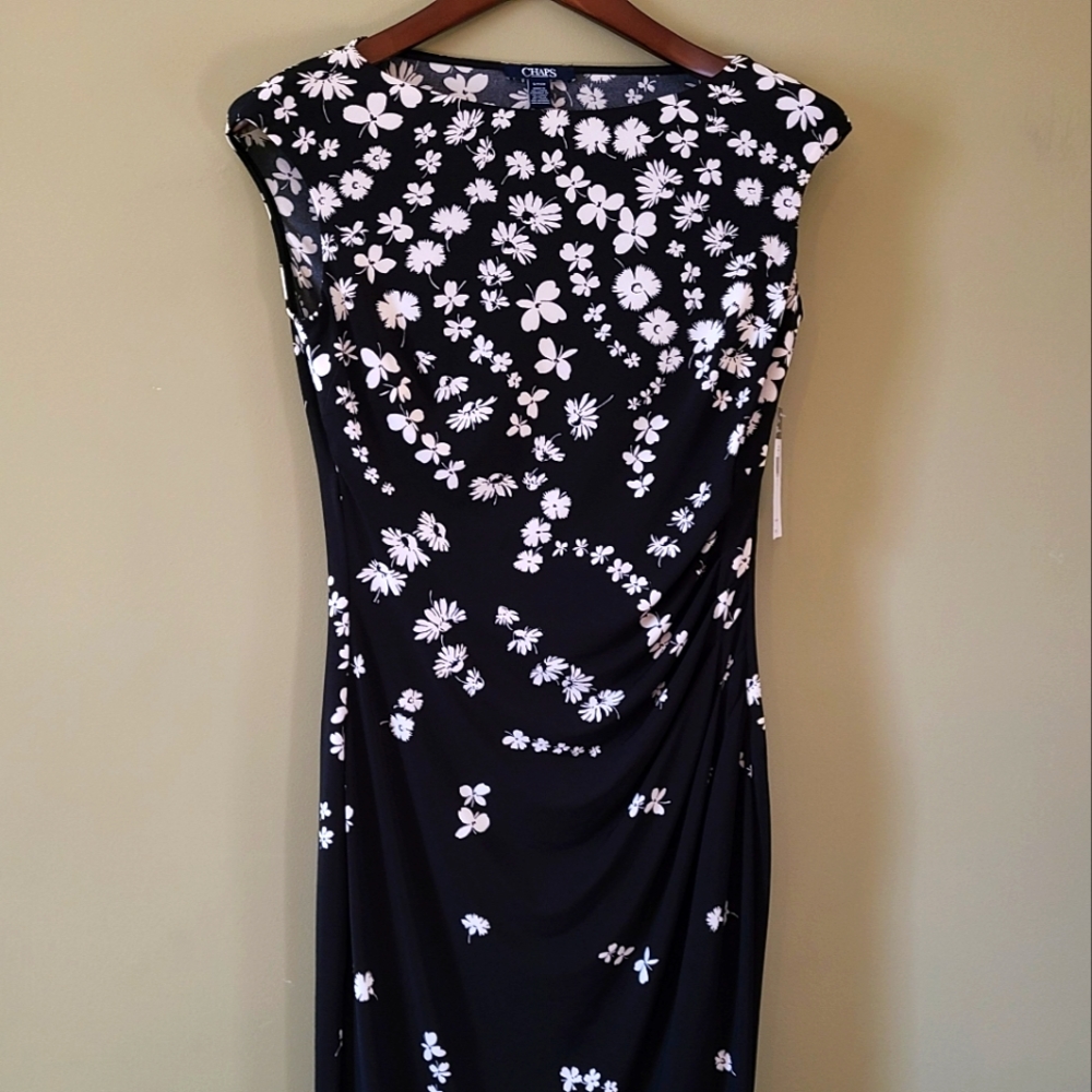 NWT Chaps Black White Floral Sleeveless Ruched Waist Dress Size Small
